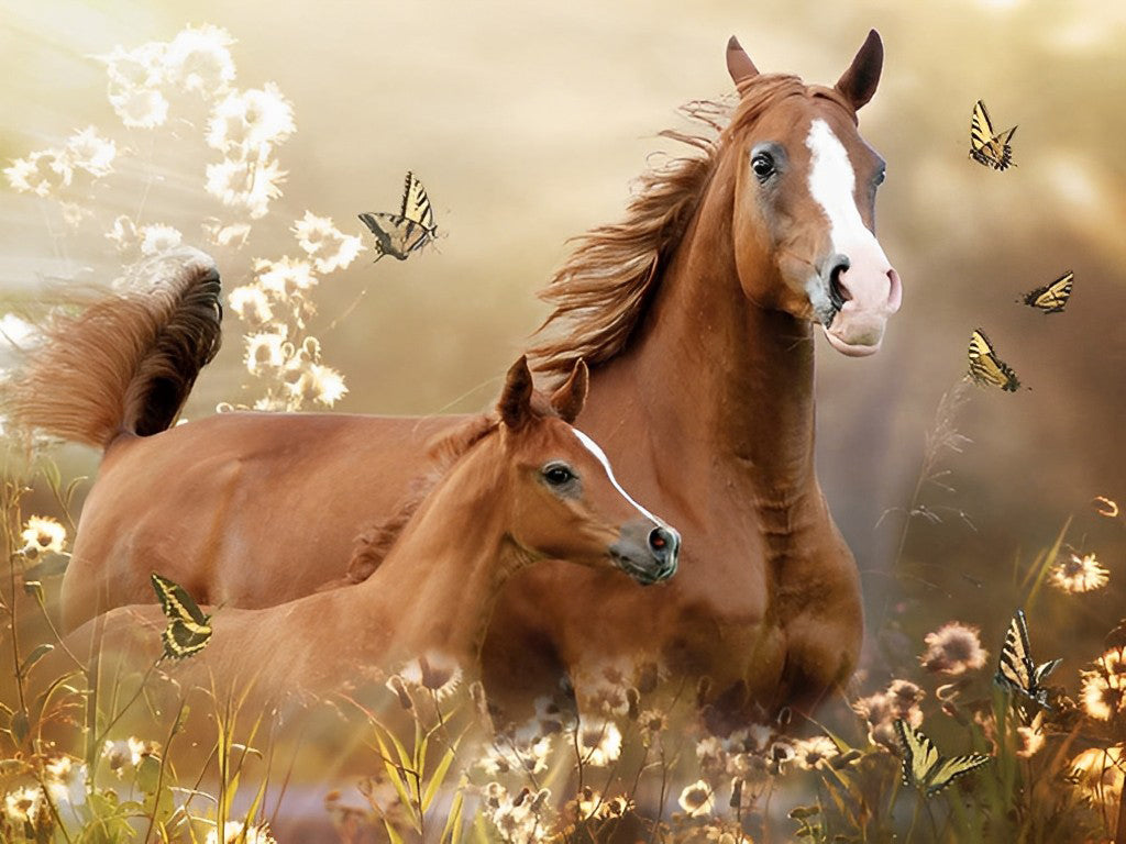 Mother Horse and Her Baby with Butterflies Diamond Painting