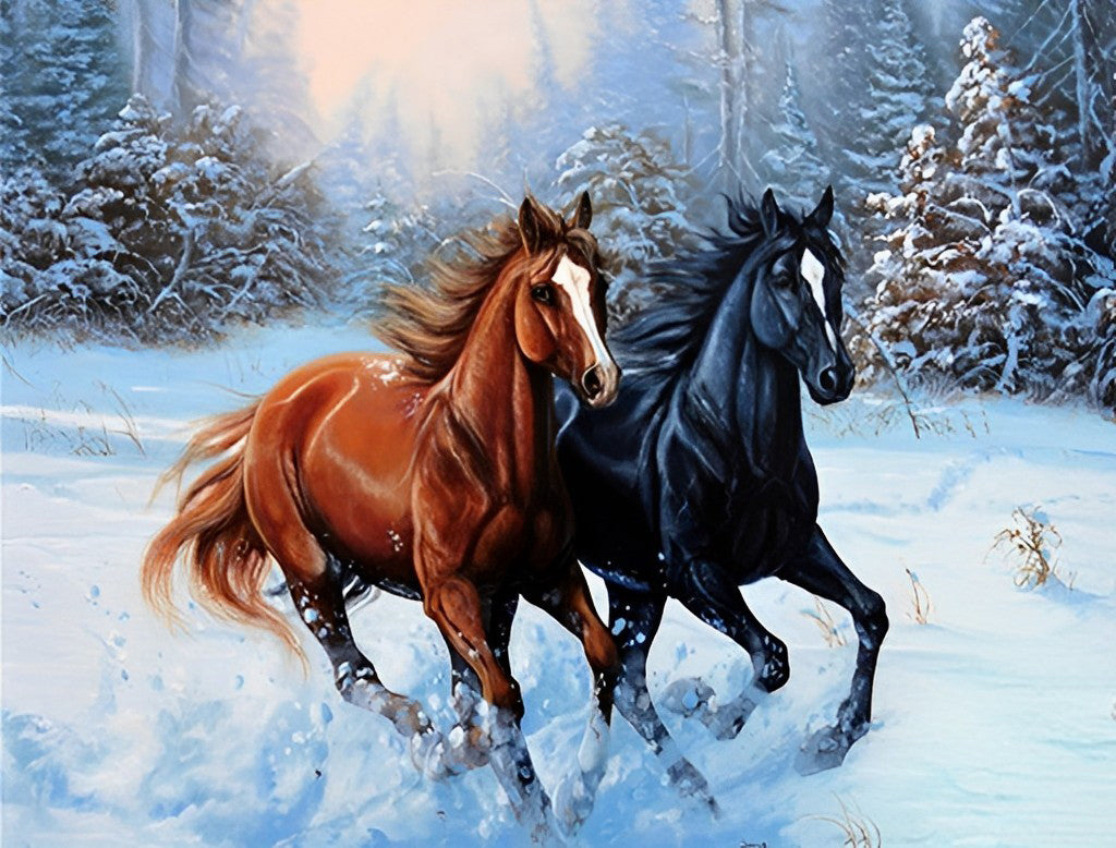 Two Horses Running in the Snow Diamond Painting
