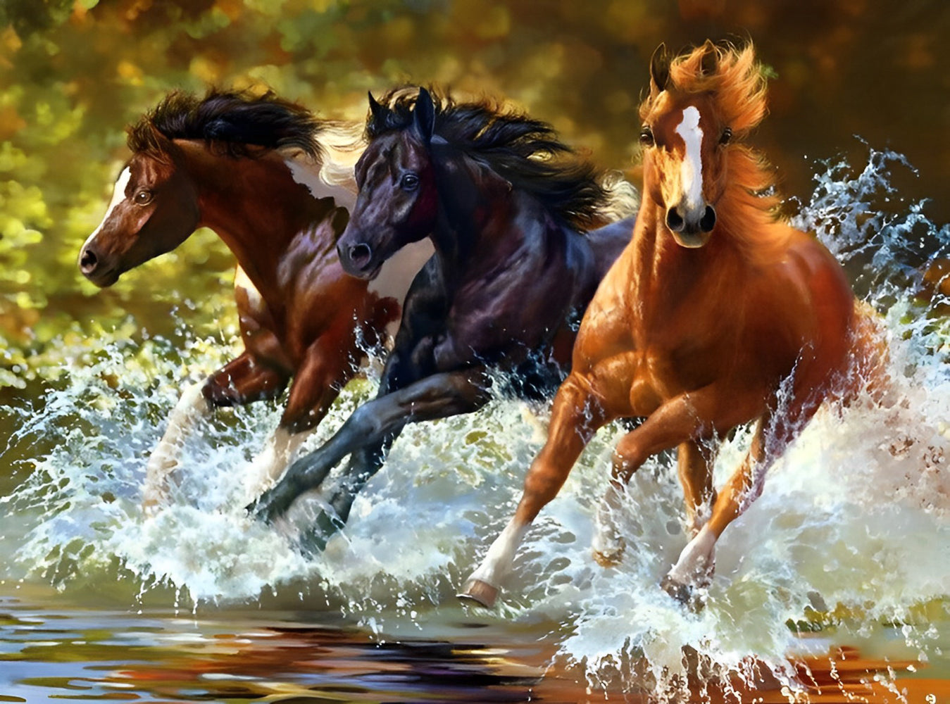 Three Horses Running in the Water Diamond Painting