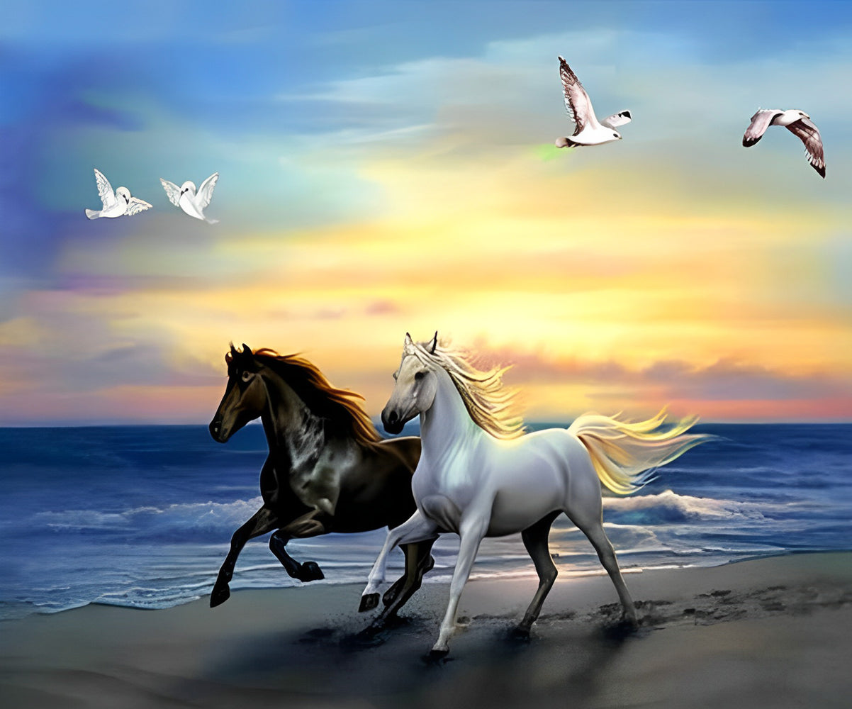 Black Horse and White Horse Running by the Sea Diamond Painting
