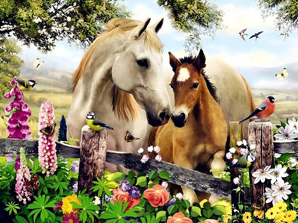 White Horse and Brown Foal Diamond Painting