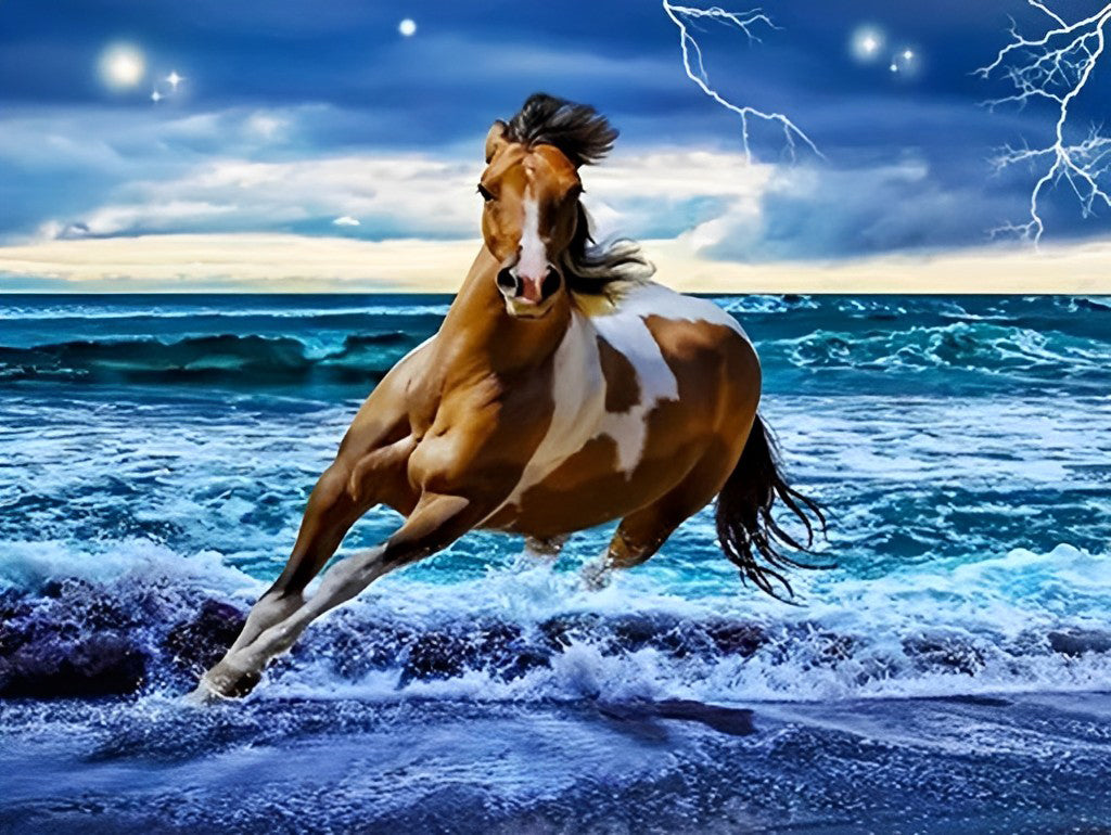 Brown and White Horse in the Sea Diamond Painting