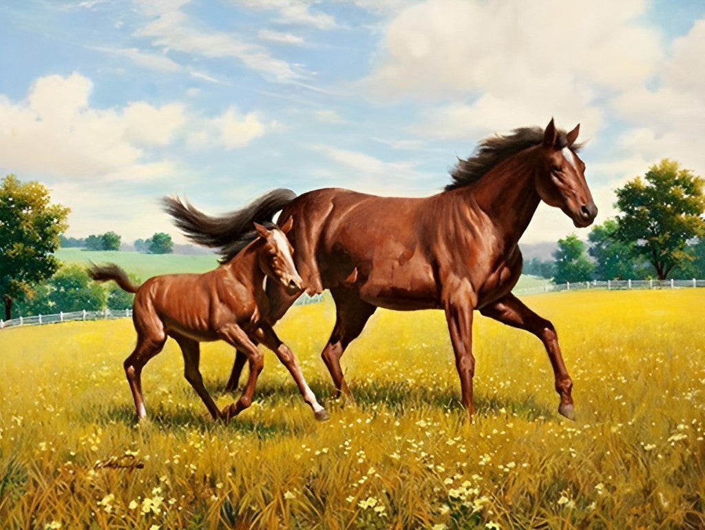 Mother Horse and Brown Foal Diamond Painting