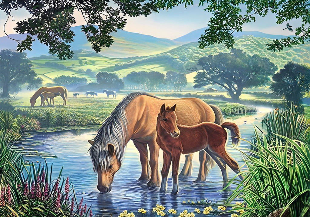 Horse and Foal Drinking Diamond Painting