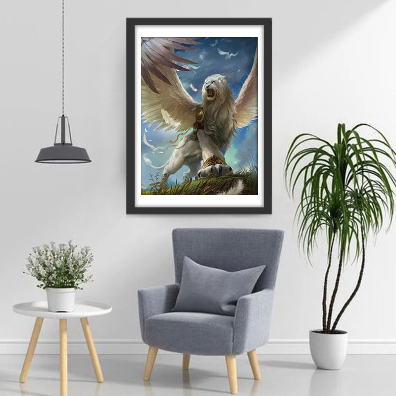 Roaring White Lion with Wings Diamond Painting