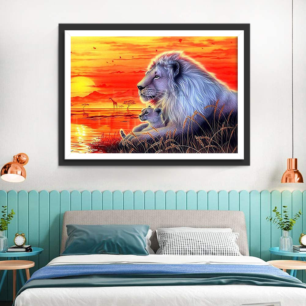 Lion and His Lion Cub with Red Light Diamond Painting