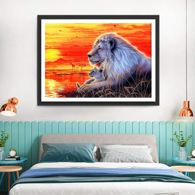 Lion and His Lion Cub with Red Light 5D DIY Diamond Painting Kits