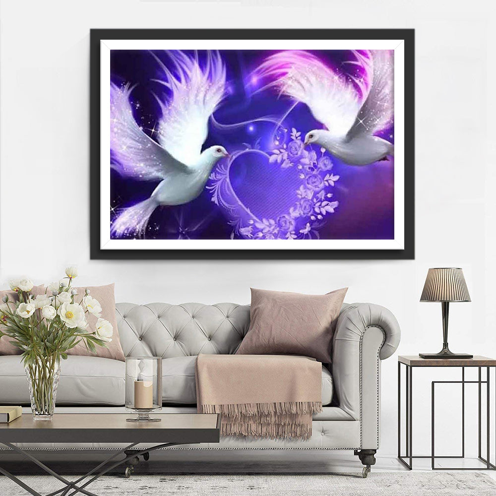 Two White Pigeons and Heart of Purple Flowers Diamond Painting