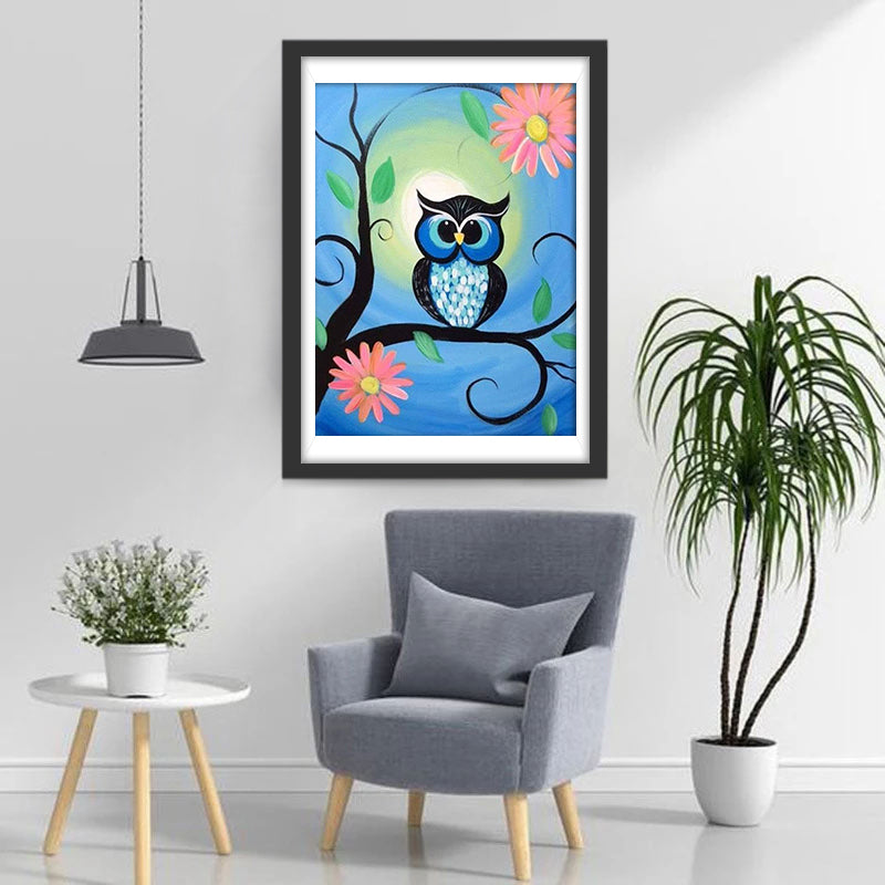 Black and Blue Owl with Pink Flowers Diamond Painting