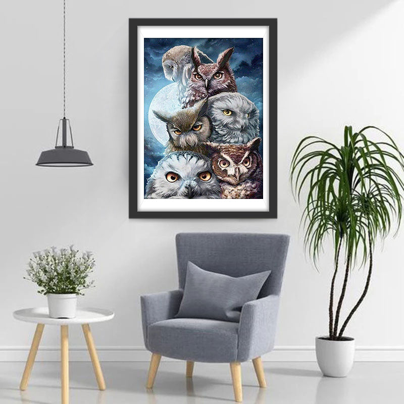 Six Owls under the Clear Moon Diamond Painting