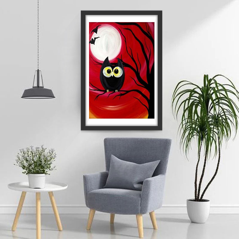 Cartoon Black Owl on a Dead Tree Diamond Painting