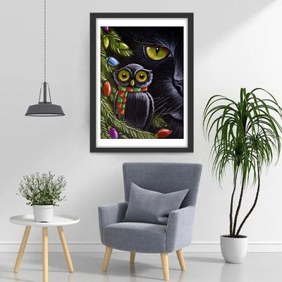 Foolish Black Owl and Black Cat Diamond Painting