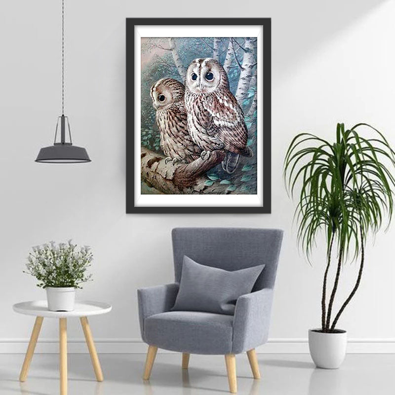 Two Cute Owls Standing on Branch Diamond Painting