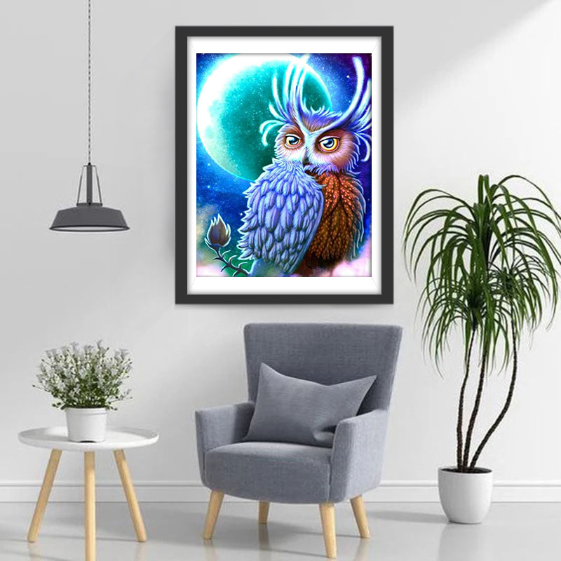 Blue and Red Owl with Moon Diamond Painting