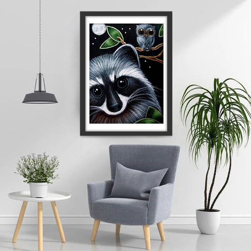 Owl and Gray Raccoon Diamond Painting