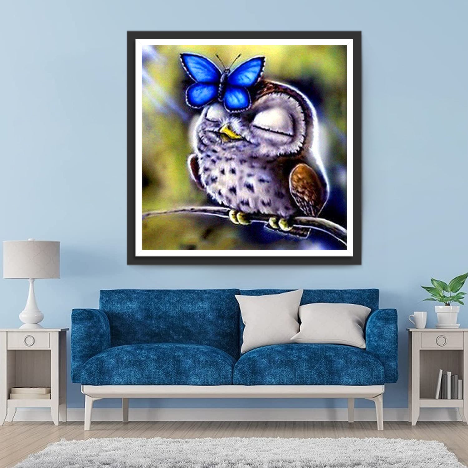Little Owl and Blue Butterfly Diamond Painting