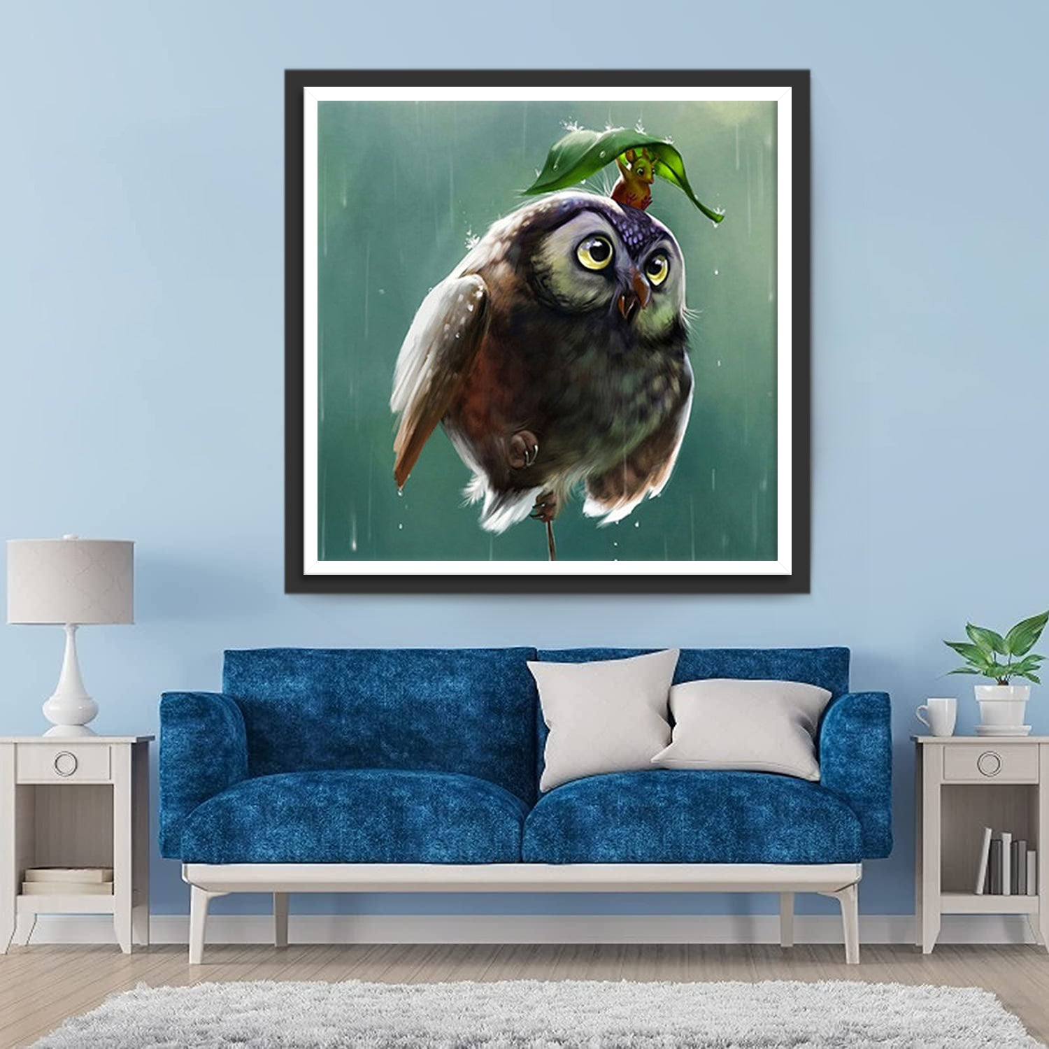 Owl and Squirrel Shelter from the Rain Diamond Painting