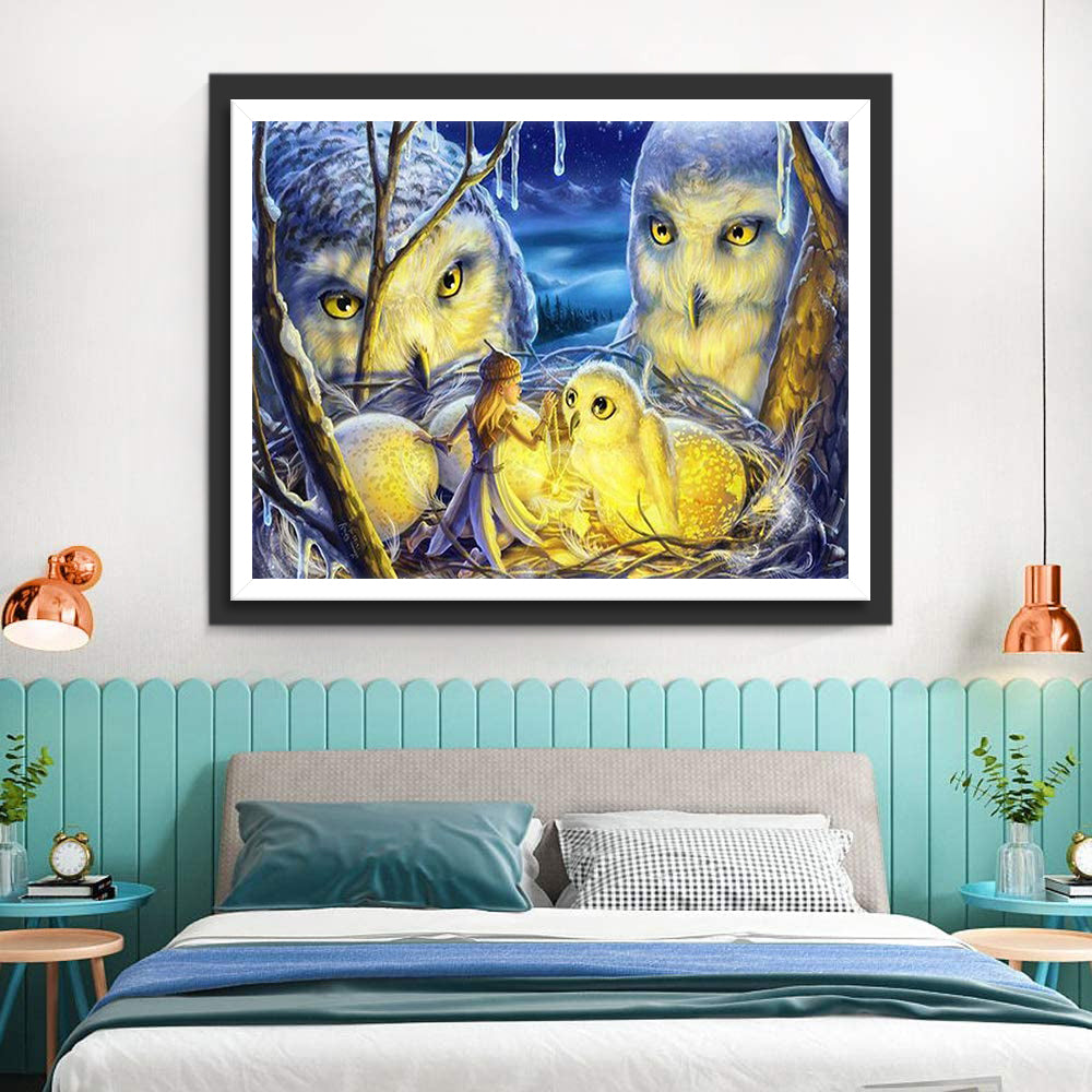 Family of Owls and Little Fairy Diamond Painting