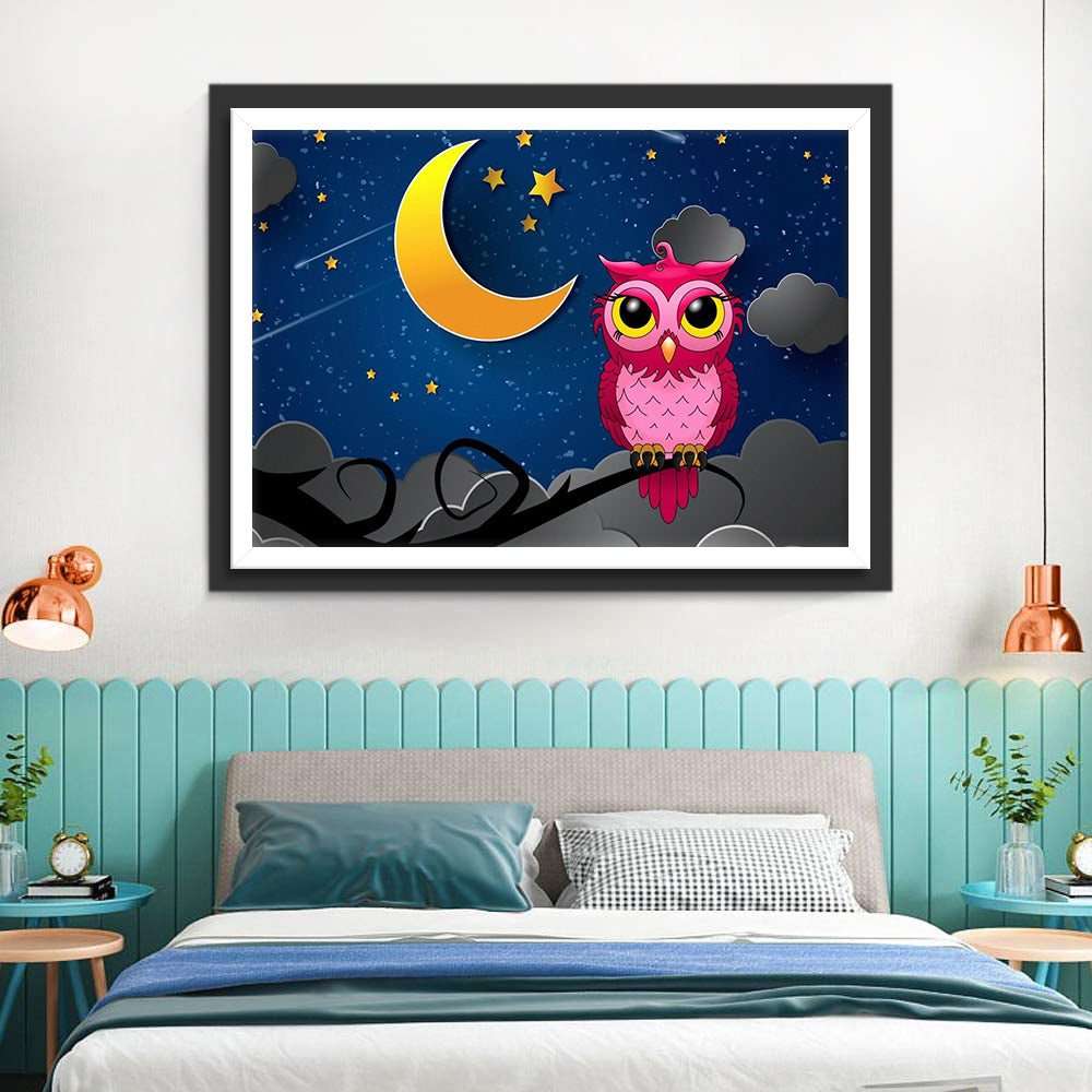 Pink Owl and the Moon in the Starry Night Diamond Painting