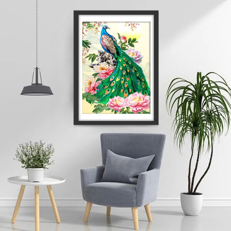 Blue Peacock and Pink Peonies Diamond Painting