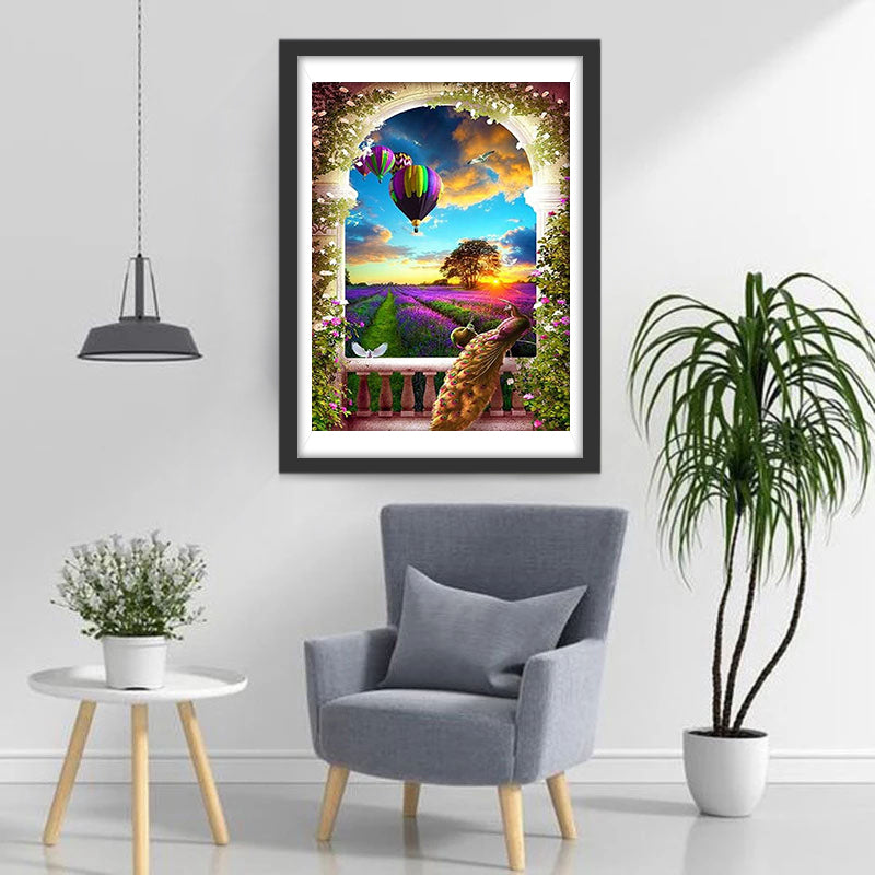 Peacock at the Window and Hot Air Balloons Diamond Painting