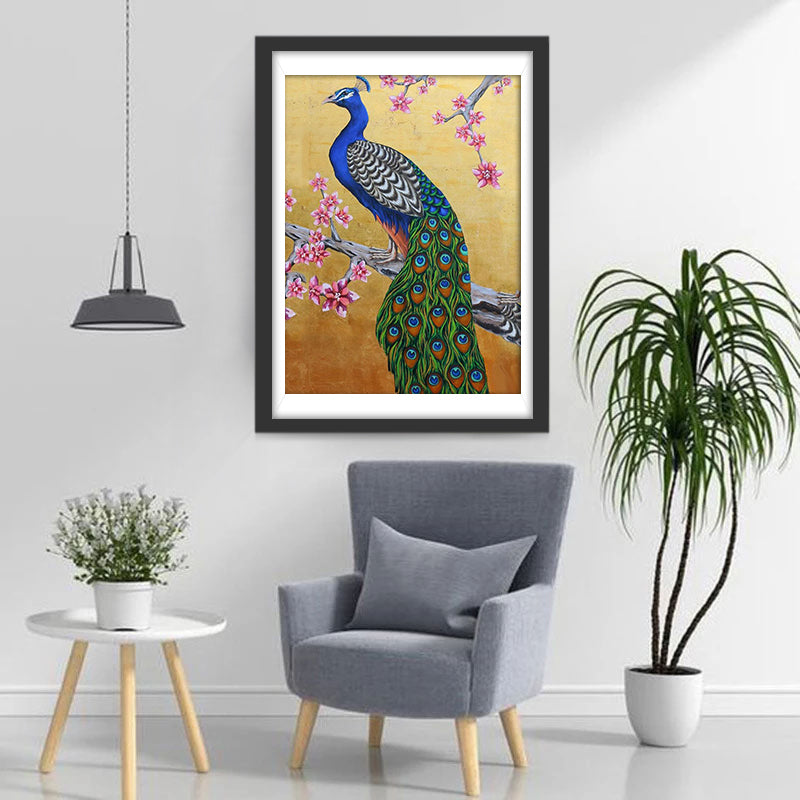 Blue Peacock on Branch and Flowers Diamond Painting