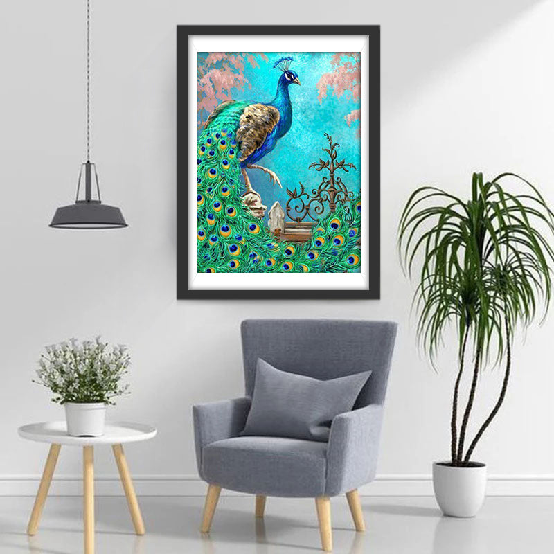 Blue Peacock on Fence Diamond Painting