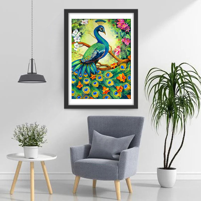 Blue Peacock and Flowers Diamond Painting