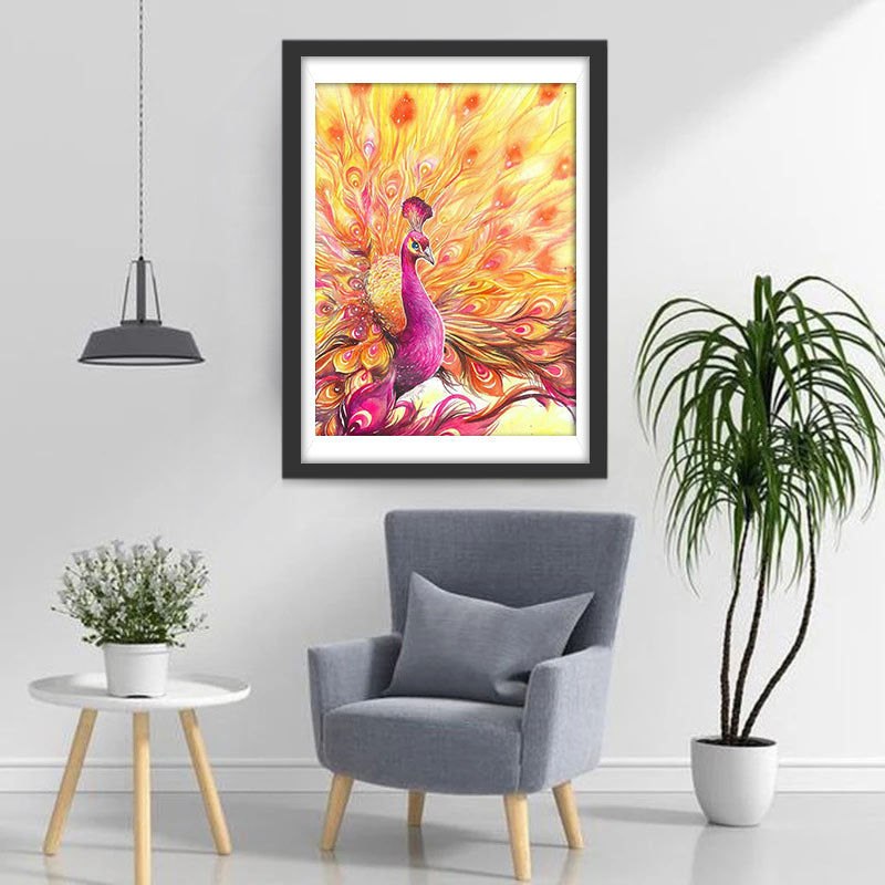 Pink Peacock with Yellow Tail Diamond Painting