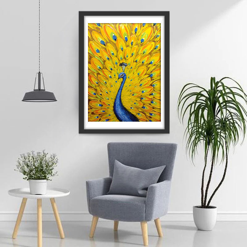 Blue Peacock Drawn with Golden Tail Diamond Painting