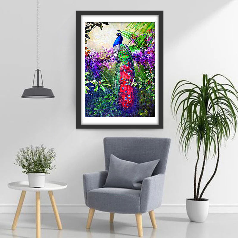 Blue Peacock and Purple Flowers Diamond Painting