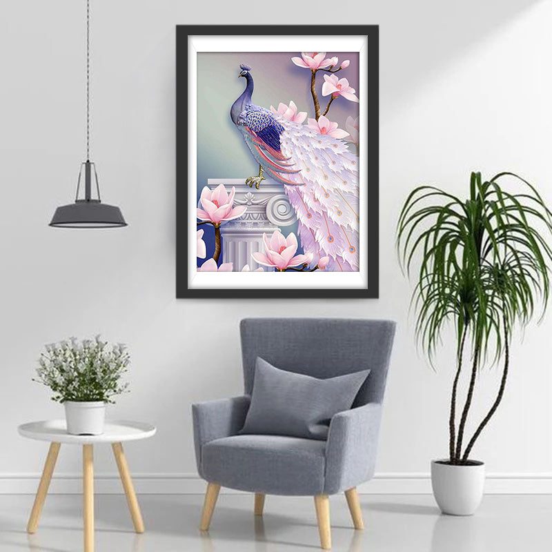 Peacock with Pink Tail and Pink Flowers Diamond Painting