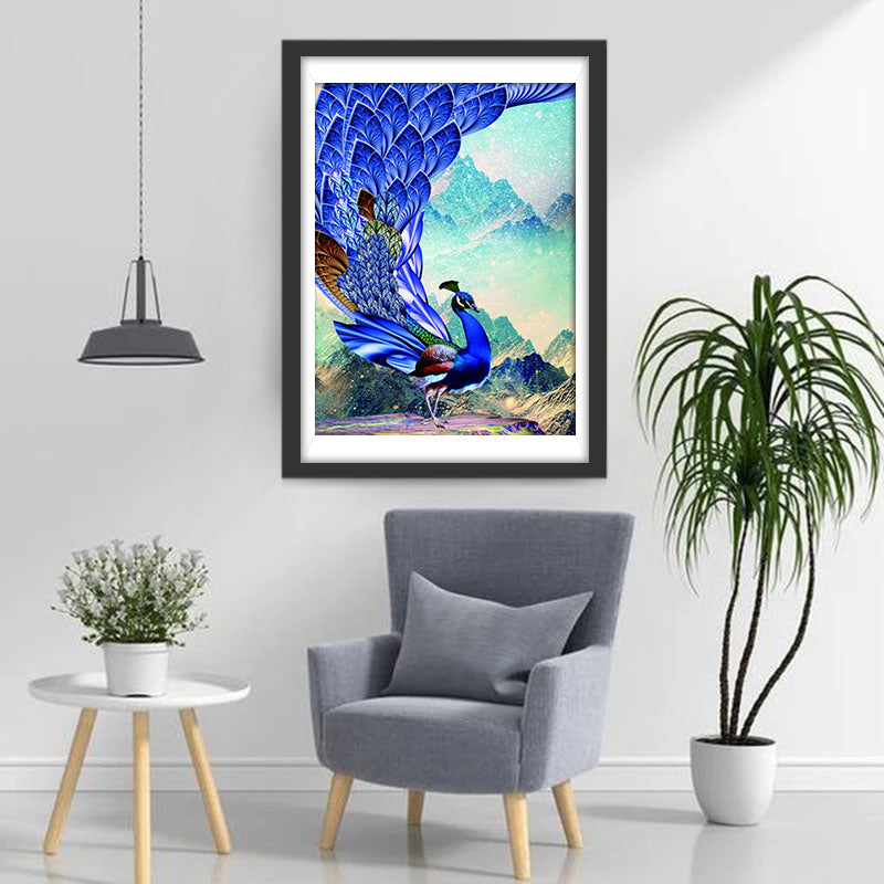 Blue Peacock and the Mountains Diamond Painting
