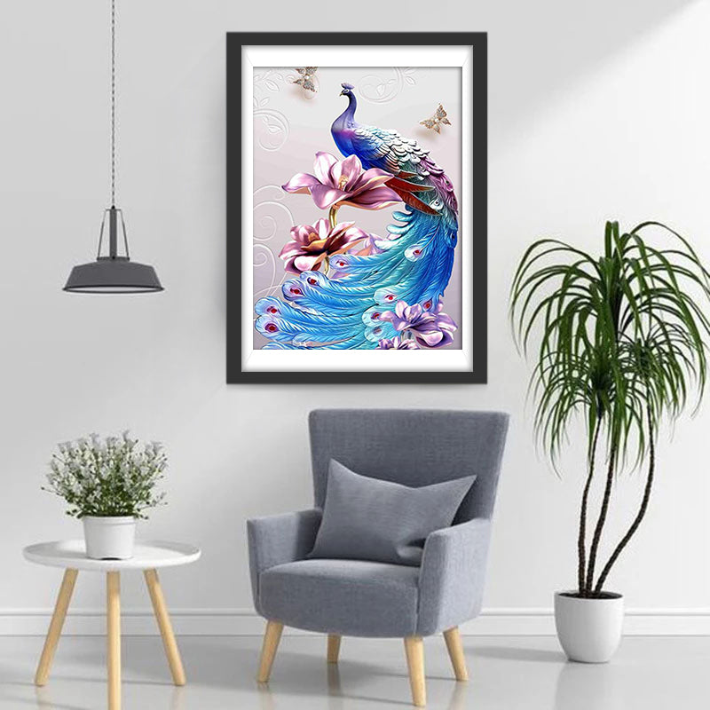 Peacock and Metallic Flowers Diamond Painting