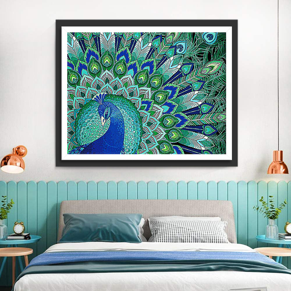 Blue Peacock Unfurling its Feathers Diamond Painting