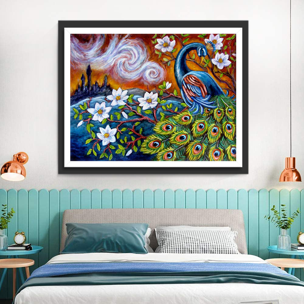 Blue Peacock and Castle Diamond Painting