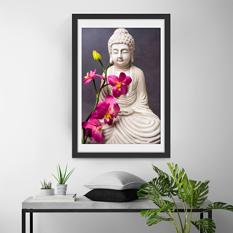 Pink Orchids and Buddhist Statue Religion Diamond Painting