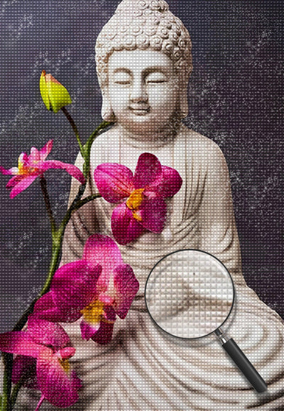 Pink Orchids and Buddhist Statue Religion Diamond Painting