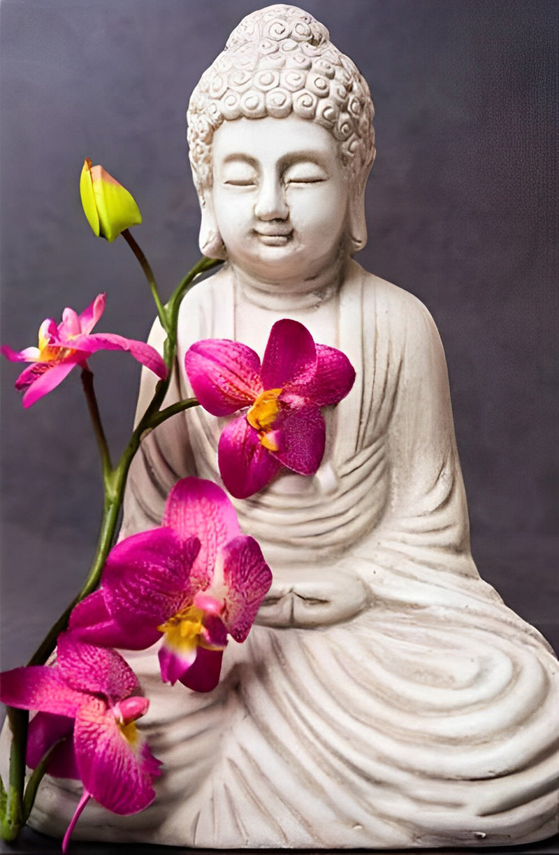 Pink Orchids and Buddhist Statue Religion Diamond Painting