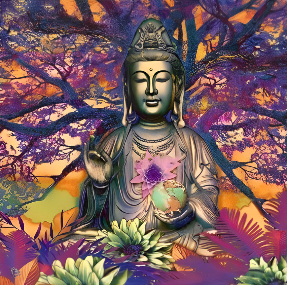 Buddhist Statue and Lotus Flower Diamond Painting