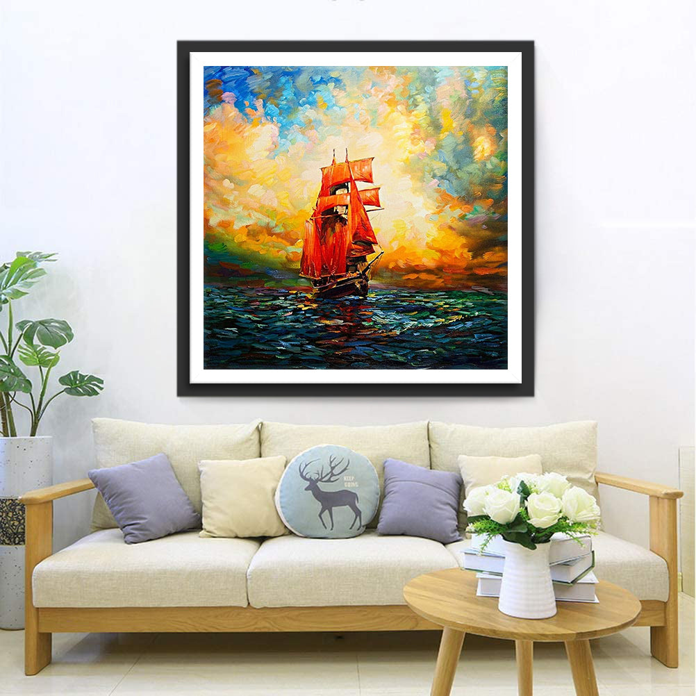 Red Sailing Boat Diamond Painting