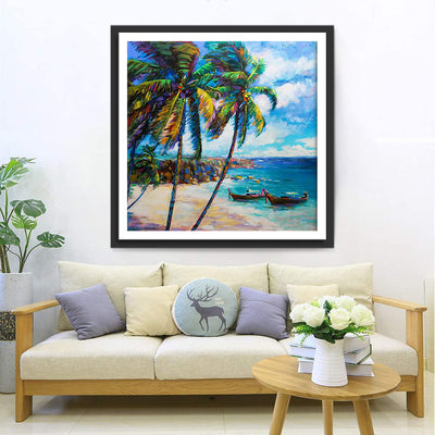 Coconut Trees and Wooden Boat Diamond Painting
