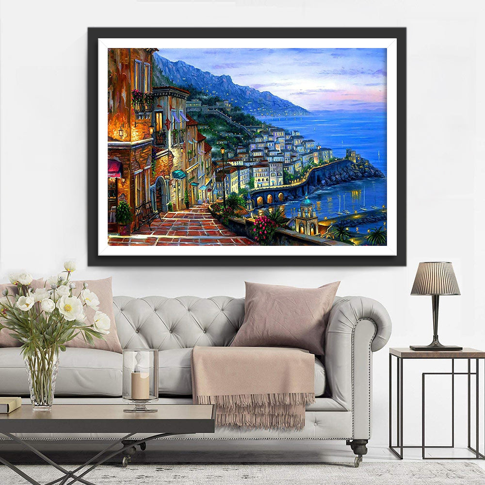 Seaside Town at Night Diamond Painting