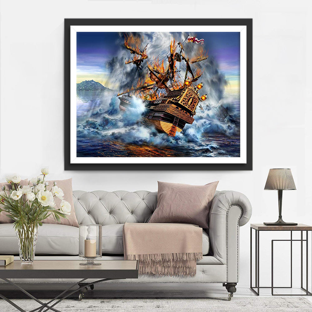 Ship on Fire Diamond Painting