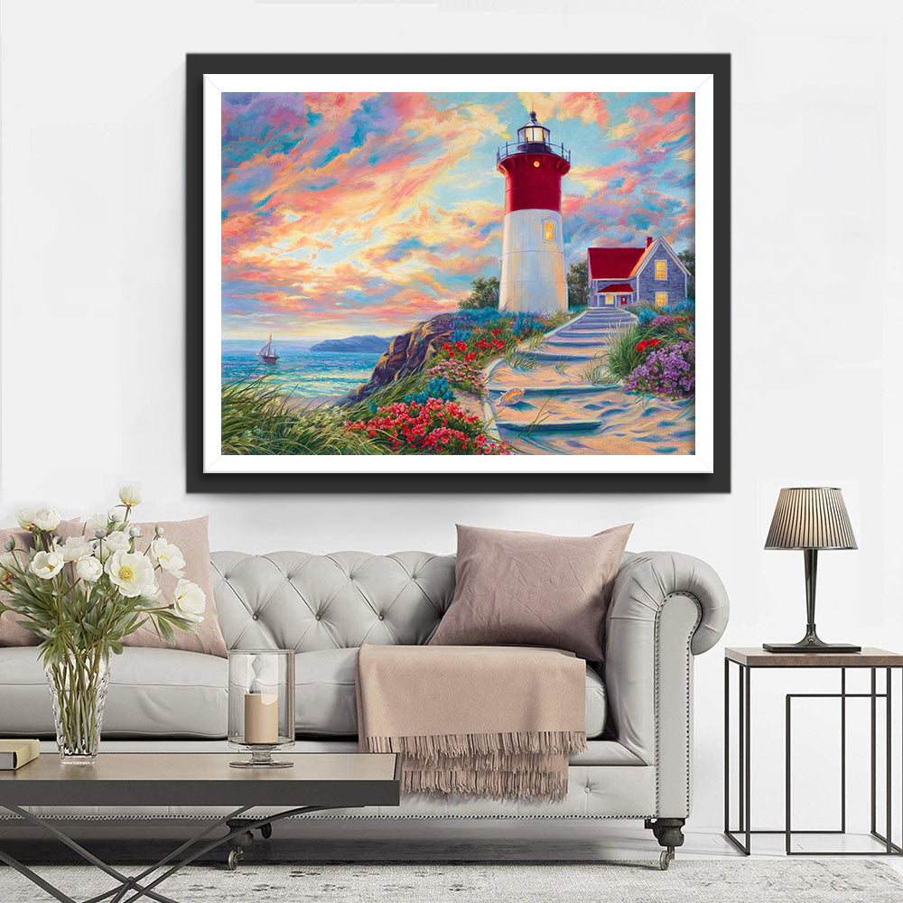 The Lighthouse and Flowers Diamond Painting