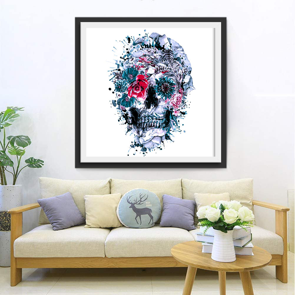 Gray Skull and Flowers Diamond Painting