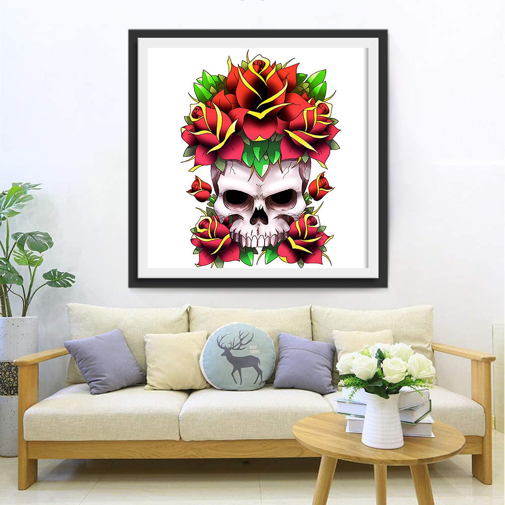 Red Rose Skull with Gold Border Diamond Painting