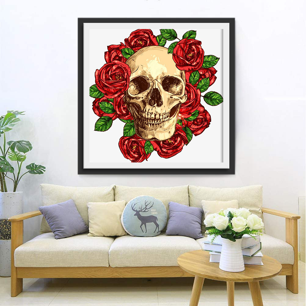 Red Roses Around Skull Diamond Painting