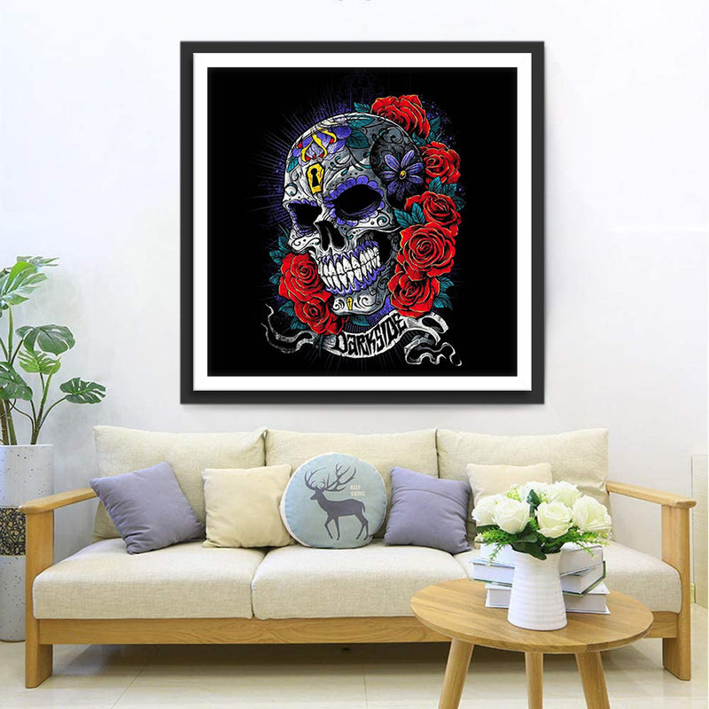 Patterned Skull and Red Roses Diamond Painting