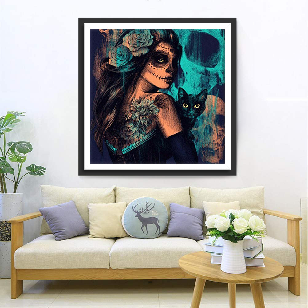 Skull Girl and Black Cat Diamond Painting